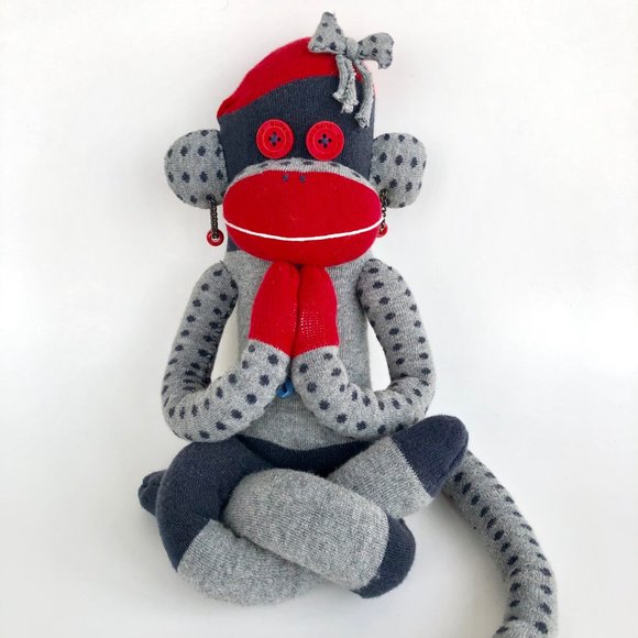 Hand-stitched Sock Monkey Stuffed Toy with Magnets - Picture 2 of 12